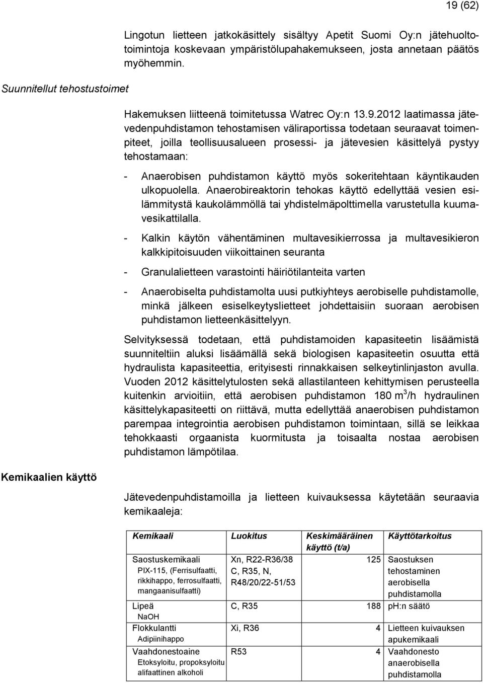 2012 laatimassa jätevedenpuhdistamon tehostamisen väliraportissa todetaan seuraavat toimenpiteet, joilla teollisuusalueen prosessi- ja jätevesien käsittelyä pystyy tehostamaan: - Anaerobisen