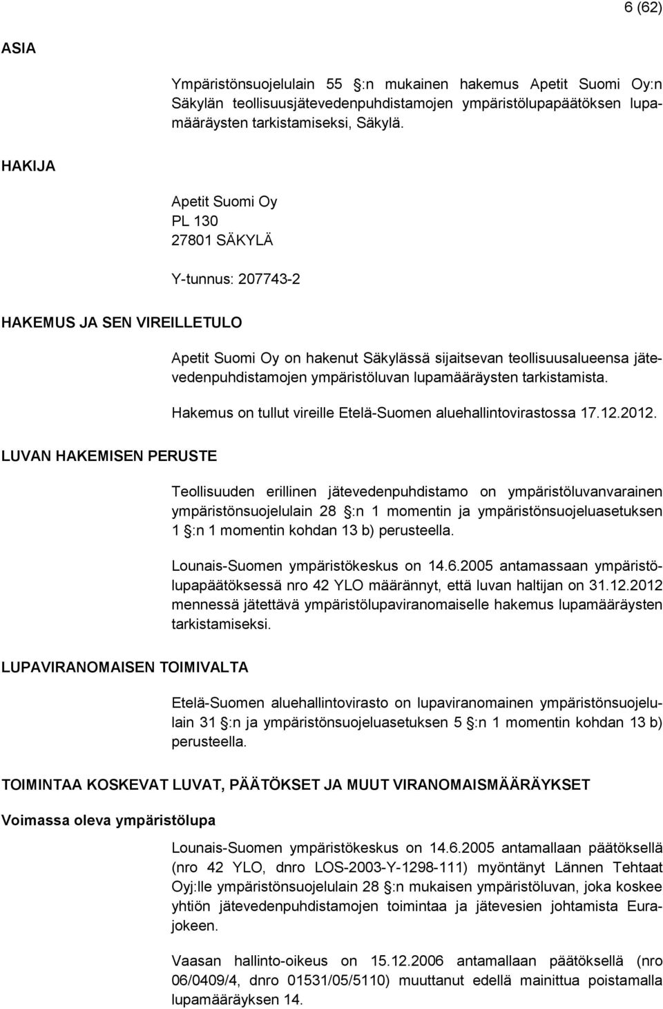 lupamääräysten tarkistamista. Hakemus on tullut vireille Etelä-Suomen aluehallintovirastossa 17.12.2012.