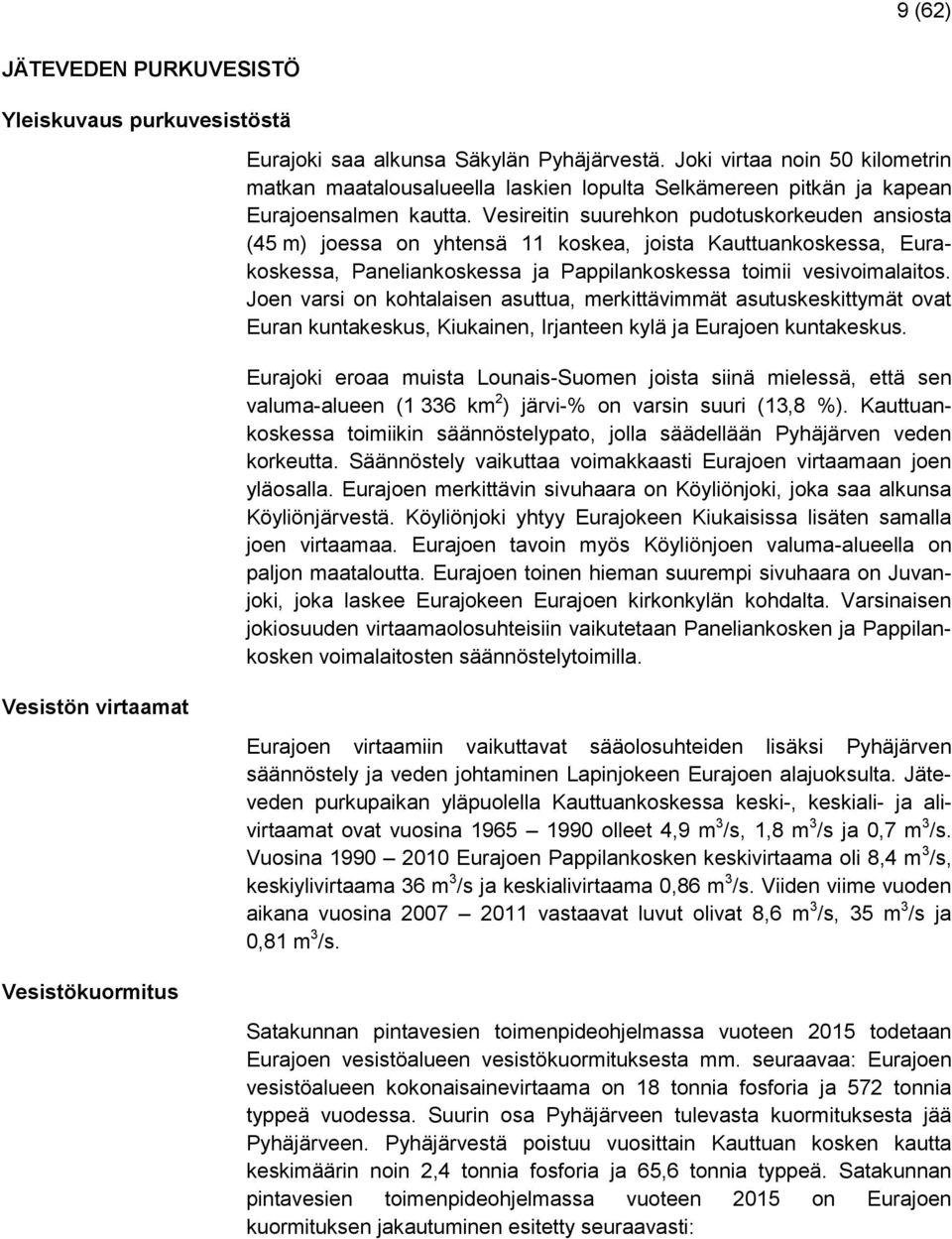 Vesireitin suurehkon pudotuskorkeuden ansiosta (45 m) joessa on yhtensä 11 koskea, joista Kauttuankoskessa, Eurakoskessa, Paneliankoskessa ja Pappilankoskessa toimii vesivoimalaitos.