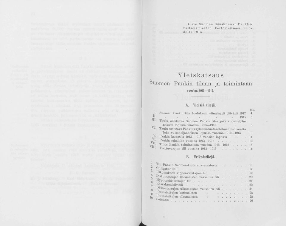 ..8 ' Taulu sittava Pankin käyttämätöntä setelinant-ikeutta jka vusineljänneksen lpussa vusina 1912 1915. 10 _ Pankin kassatila 1913 1915 vusien l p u s s a.