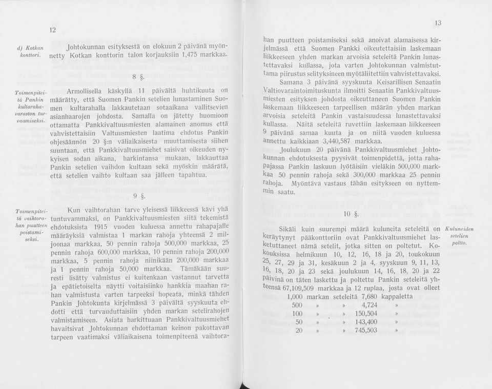 8 Armllisella käskyllä 11 päivältä huhtikuuta n määrätty, että Sumen Pankin setelien lunastaminen Sumen kultarahalla lakkautetaan staaikana vallitsevien asianhaarjen jhsta.