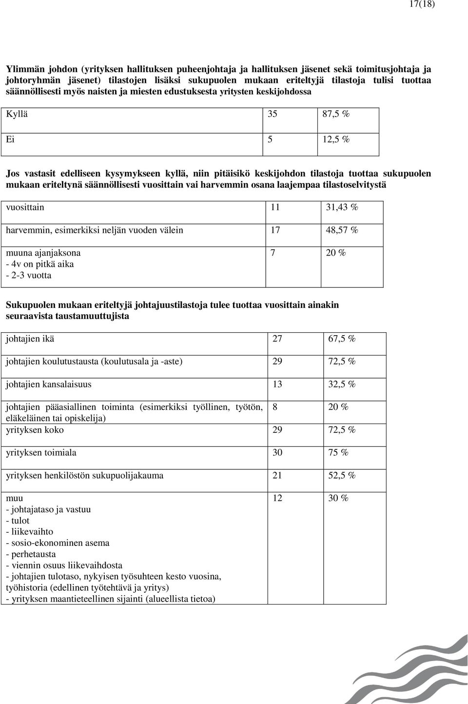 sukupuolen mukaan eriteltynä säännöllisesti vuosittain vai harvemmin osana laajempaa tilastoselvitystä vuosittain 11 31,43 % harvemmin, esimerkiksi neljän vuoden välein 17 48,57 % muuna ajanjaksona -