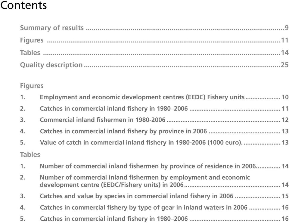 Value of catch in commercial inland fishery in 1980-2006 (1000 euro)... 13 Tables 1. Number of commercial inland fishermen by province of residence in 2006... 14 2.
