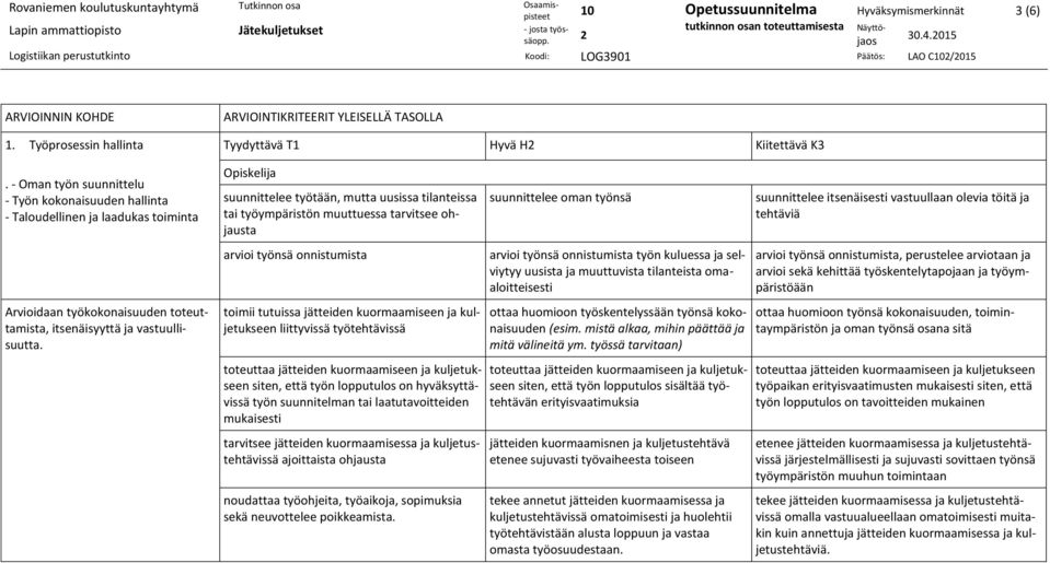 Tyydyttävä T1 Hyvä H Kiitettävä K3 suunnittelee työtään, mutta uusissa tilanteissa tai työympäristön muuttuessa tarvitsee ohjausta arvioi työnsä onnistumista toimii tutuissa jätteiden kuormaamiseen