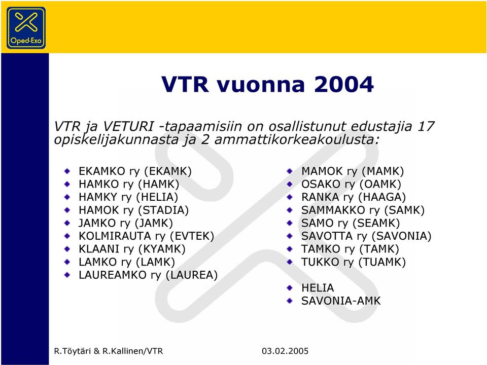 KOLMIRAUTA ry (EVTEK) KLAANI ry (KYAMK) LAMKO ry (LAMK) LAUREAMKO ry (LAUREA) MAMOK ry (MAMK) OSAKO ry (OAMK)