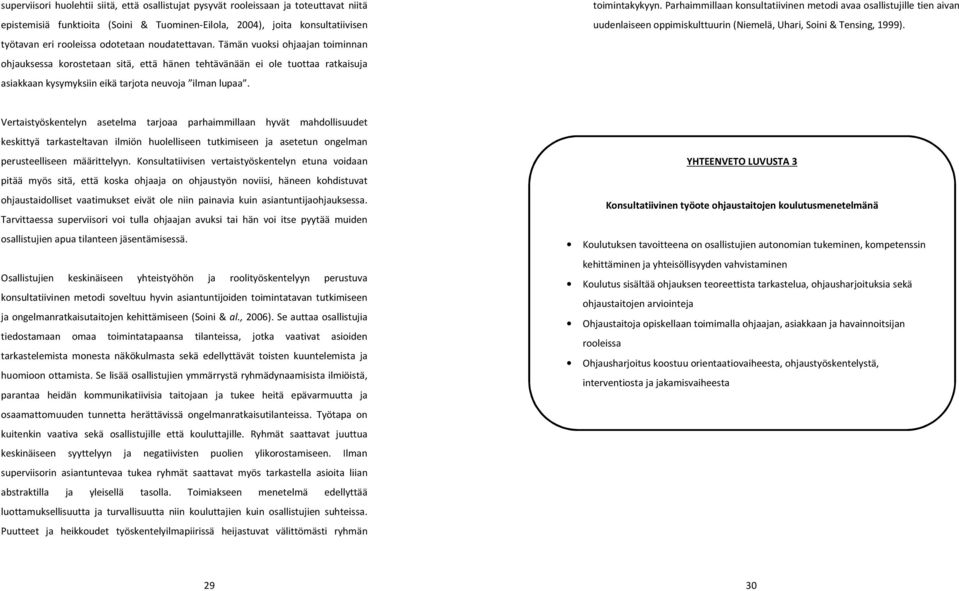 toimintakykyyn. Parhaimmillaan konsultatiivinen metodi avaa osallistujille tien aivan uudenlaiseen oppimiskulttuurin (Niemelä, Uhari, Soini & Tensing, 1999).