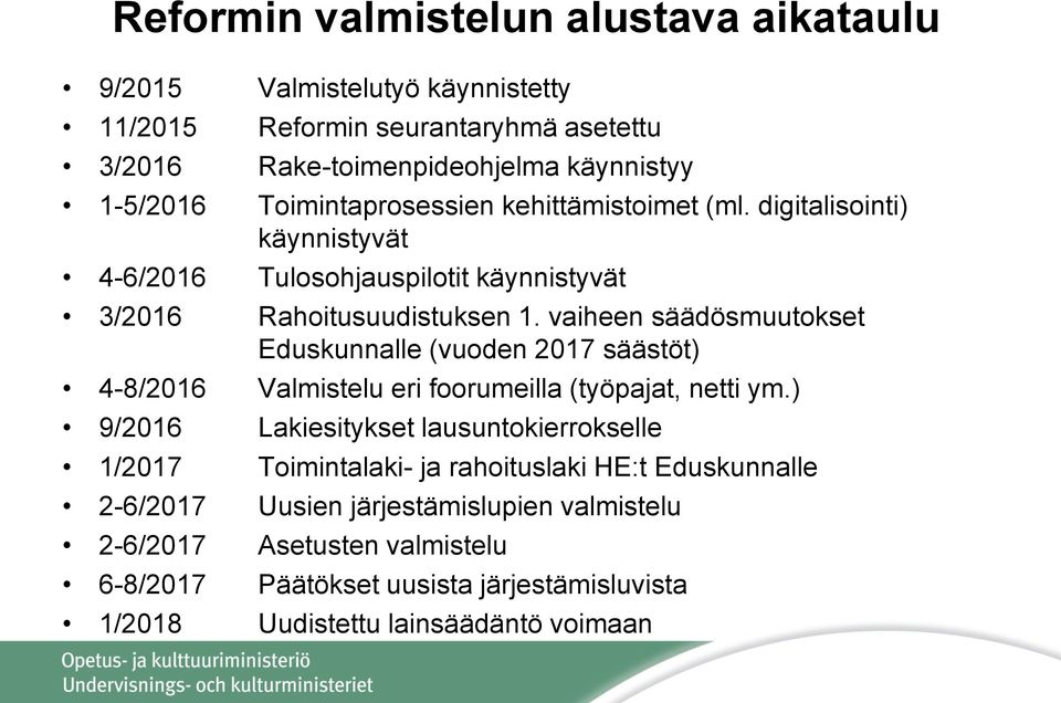 vaiheen säädösmuutokset Eduskunnalle (vuoden 2017 säästöt) 4-8/2016 Valmistelu eri foorumeilla (työpajat, netti ym.