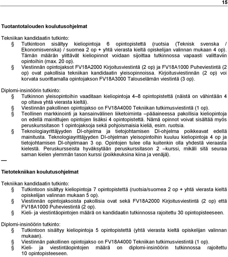 Viestinnän opintojaksot FV18A2000 Kirjoitusviestintä (2 op) ja FV18A1000 Puheviestintä (2 op) ovat pakollisia tekniikan kandidaatin yleisopinnoissa.