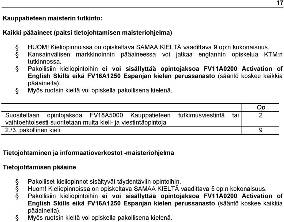 Pakollisiin kieliopintoihin ei voi sisällyttää opintojaksoa FV11A0200 Activation of English Skills eikä FV16A1250 Espanjan kielen perussanasto (sääntö koskee kaikkia pääaineita).