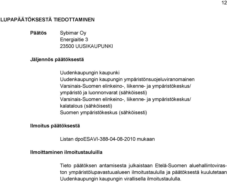 liikenne- ja ympäristökeskus/ kalatalous (sähköisesti) Suomen ympäristökeskus (sähköisesti) Listan dpoesavi-388-04-08-2010 mukaan Ilmoittaminen ilmoitustauluilla Tieto