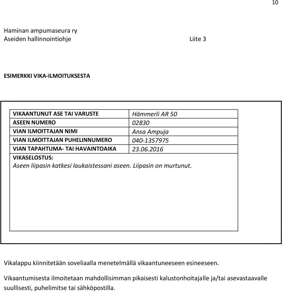 2016 VIKASELOSTUS: Aseen liipasin katkesi laukaistessani aseen. Liipasin on murtunut.