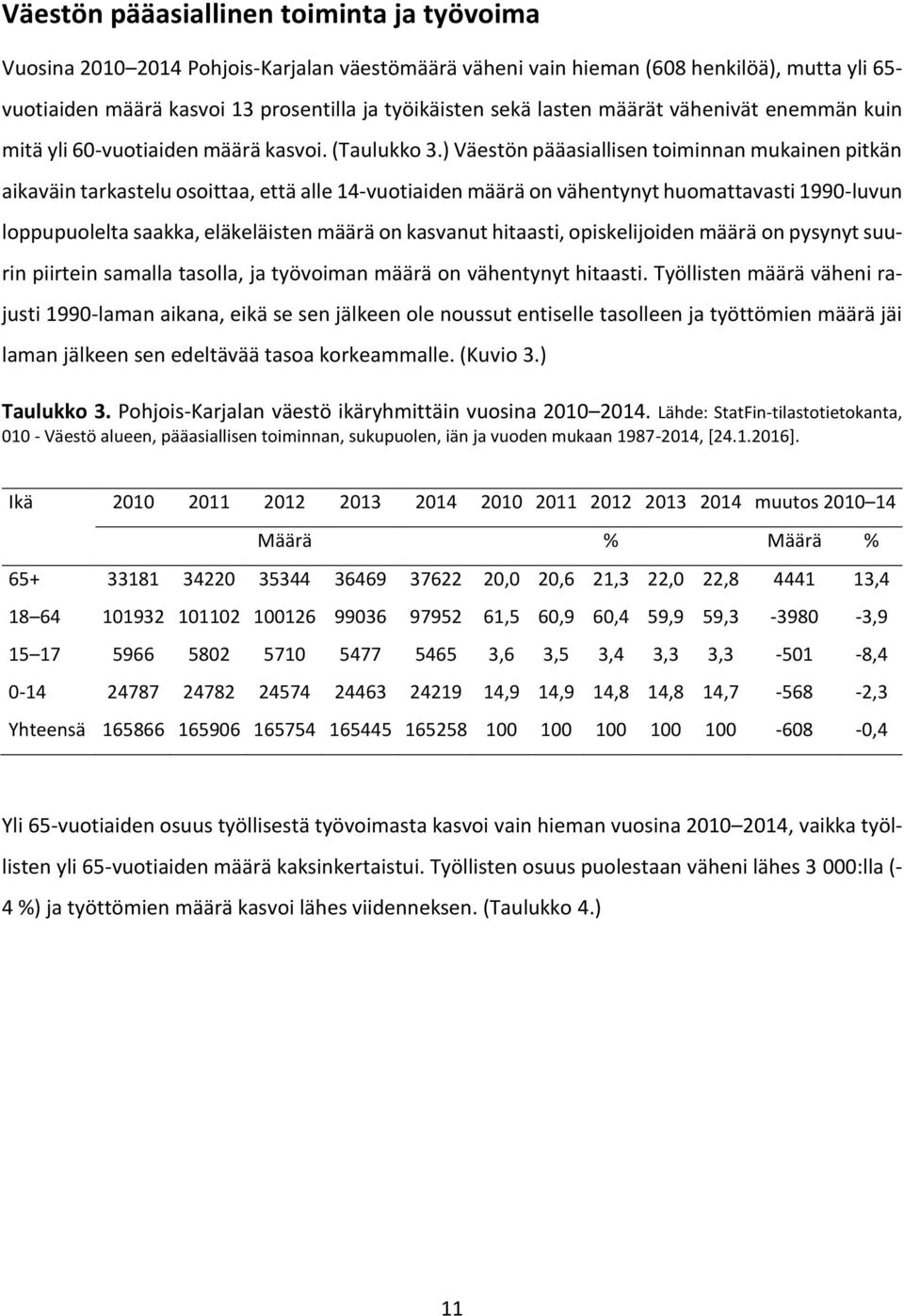 ) Väestön pääasiallisen toiminnan mukainen pitkän aikaväin tarkastelu osoittaa, että alle 14-vuotiaiden määrä on vähentynyt huomattavasti 1990-luvun loppupuolelta saakka, eläkeläisten määrä on