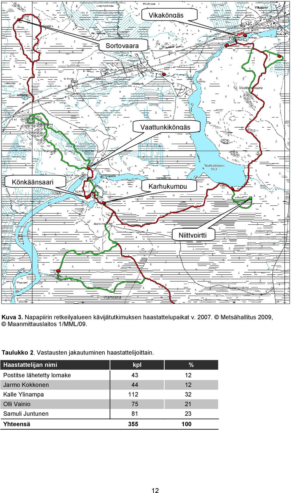 Metsähallitus 2009, Maanmittauslaitos 1/MML/09. Taulukko 2. Vastausten jakautuminen haastattelijoittain.