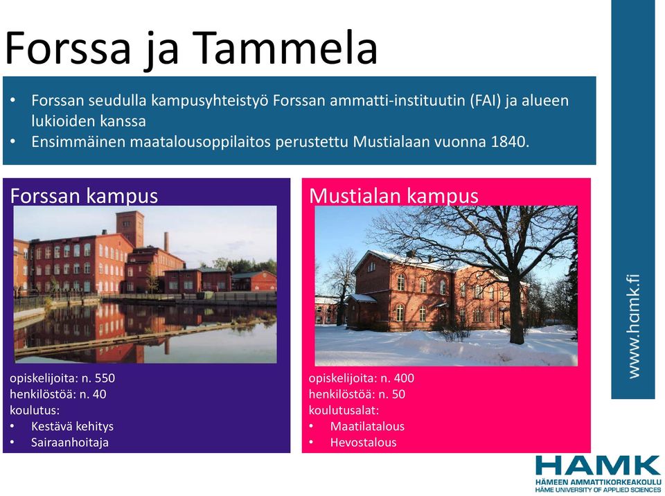 Forssan kampus Mustialan kampus opiskelijoita: n. 550 henkilöstöä: n.