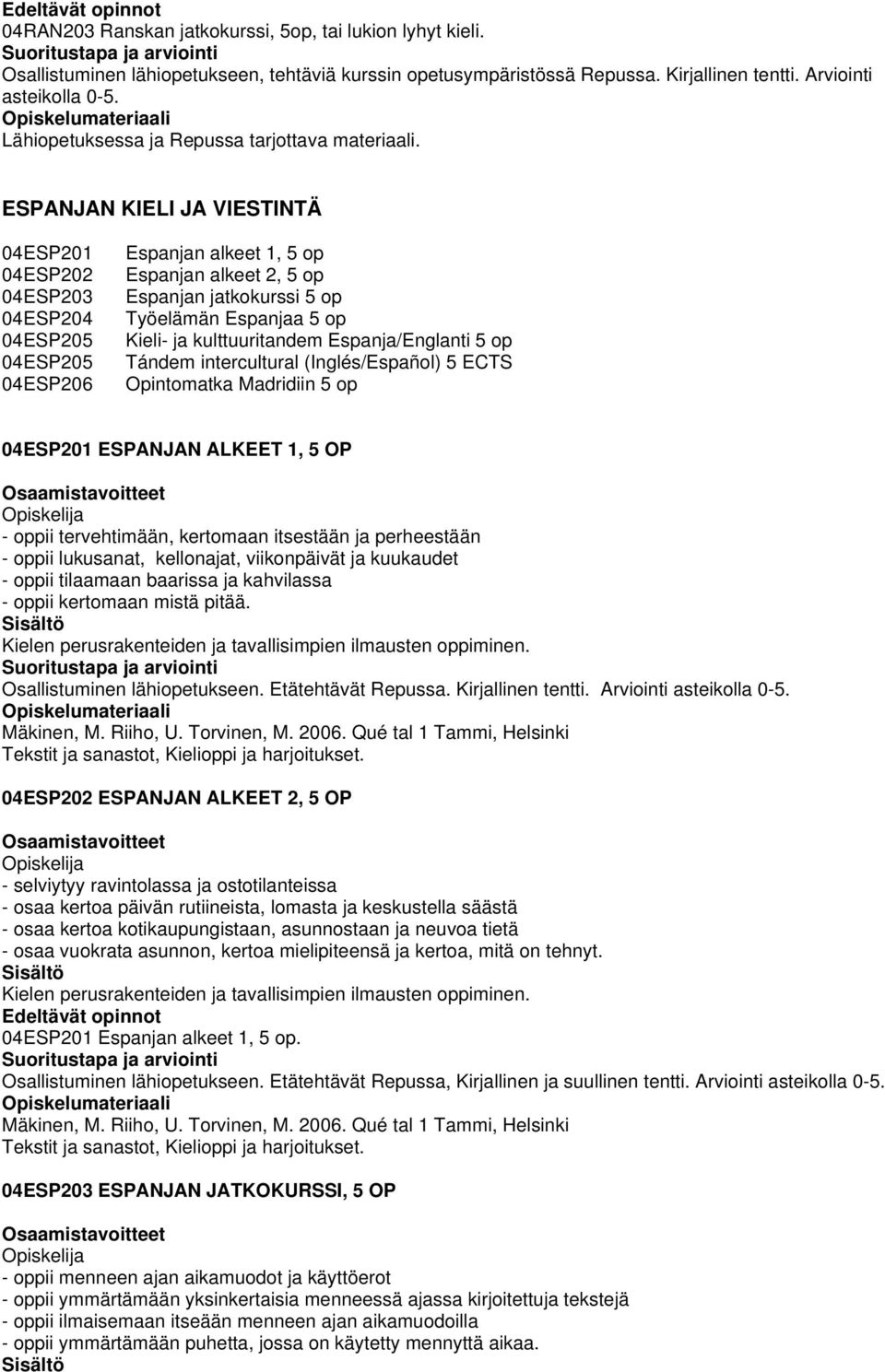 ESPANJAN KIELI JA VIESTINTÄ 04ESP201 04ESP202 04ESP203 04ESP204 04ESP205 04ESP205 04ESP206 Espanjan alkeet 1, 5 op Espanjan alkeet 2, 5 op Espanjan jatkokurssi 5 op Työelämän Espanjaa 5 op Kieli- ja