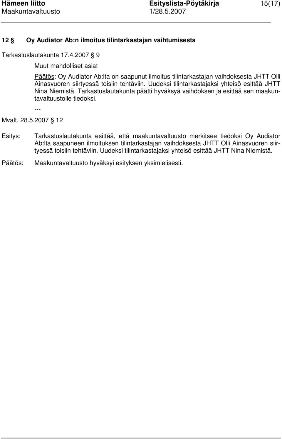 Uudeksi tilintarkastajaksi yhteisö esittää JHTT Nina Niemistä. Tarkastuslautakunta päätti hyväksyä vaihdoksen ja esittää sen maakuntavaltuustolle tiedoksi. --- Mvalt. 28.5.