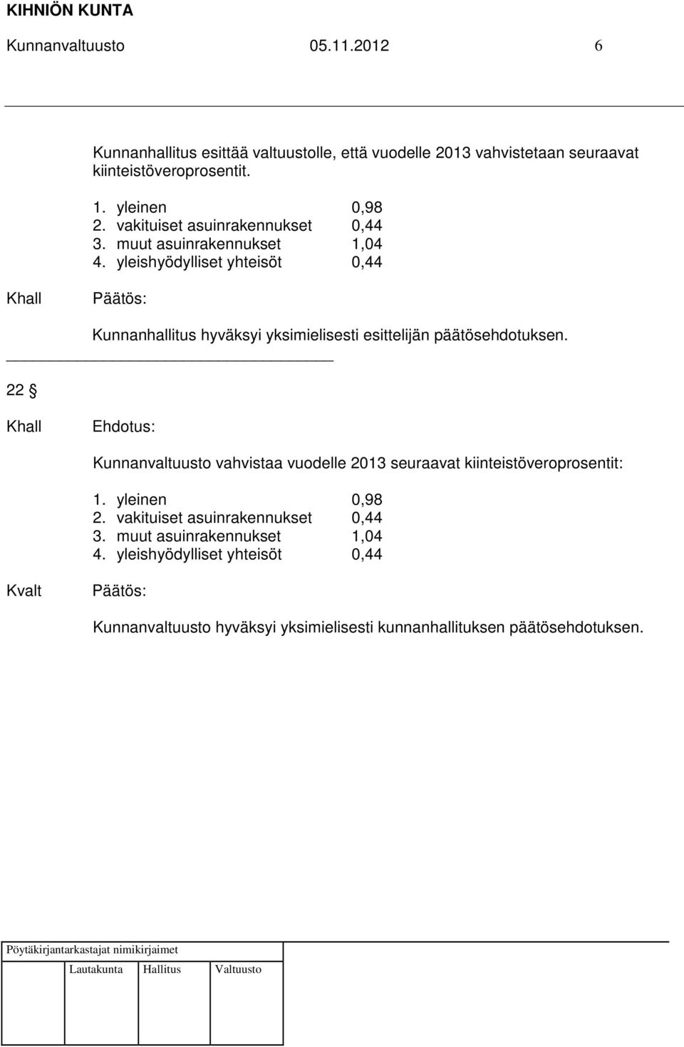 yleishyödylliset yhteisöt 0,44 Kunnanhallitus hyväksyi yksimielisesti esittelijän päätösehdotuksen.