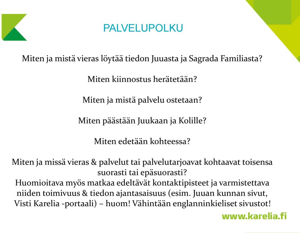 Miten ja missä vieras & palvelut tai palvelutarjoavat kohtaavat toisensa suorasti tai epäsuorasti?