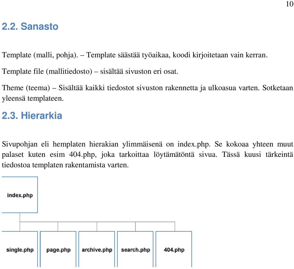 Theme (teema) Sisältää kaikki tiedostot sivuston rakennetta ja ulkoasua varten. Sotketaan yleensä templateen. 2.3.