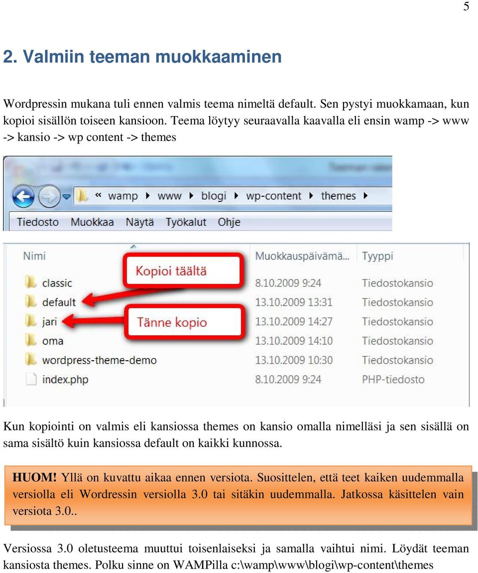 sisältö kuin kansiossa default on kaikki kunnossa. HUOM! Yllä on kuvattu aikaa ennen versiota. Suosittelen, että teet kaiken uudemmalla versiolla eli Wordressin versiolla 3.