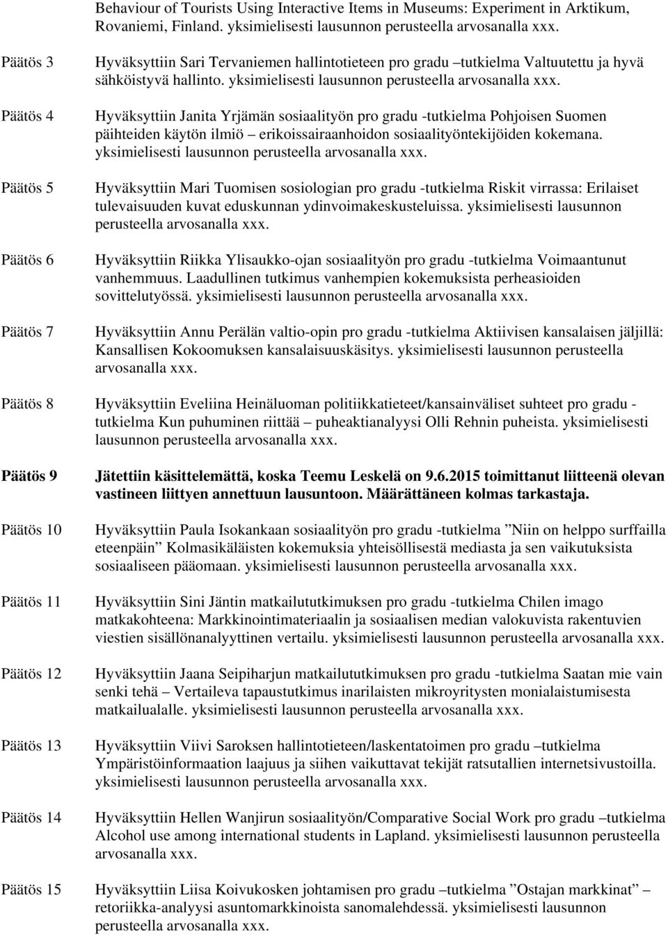 yksimielisesti lausunnon perusteella arvosanalla xxx.