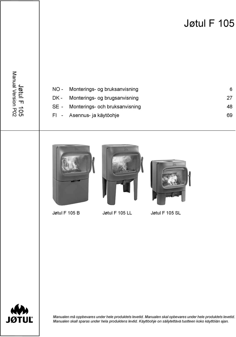 LL Jøtul F 105 SL Manualen må oppbevares under hele produktets levetid.