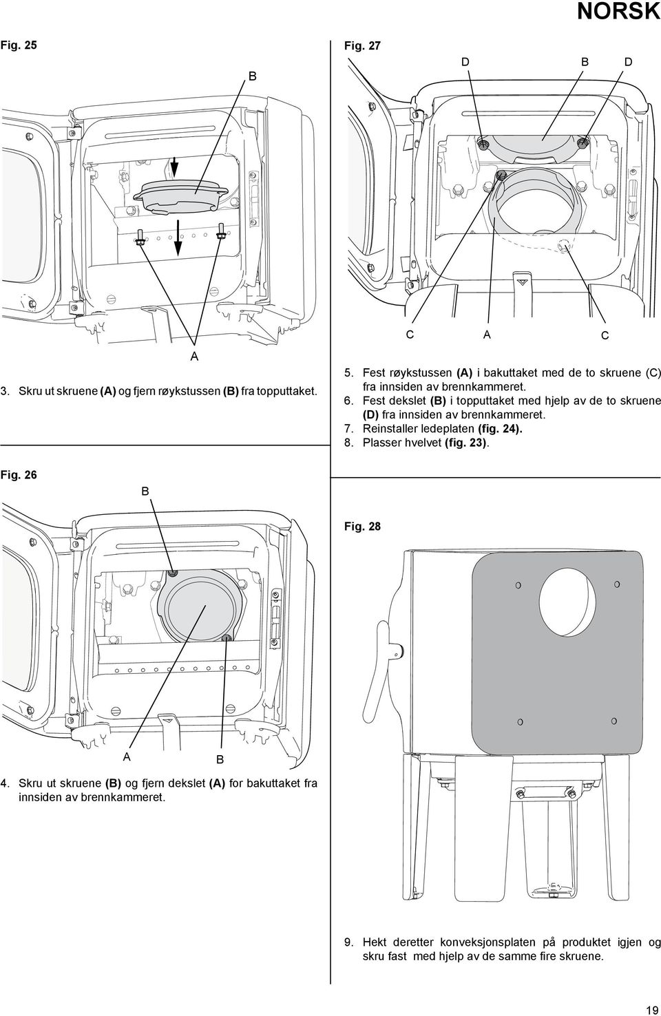 Fest dekslet () i topputtaket med hjelp av de to skruene (D) fra innsiden av brennkammeret. 7. Reinstaller ledeplaten (fig. 24). 8.