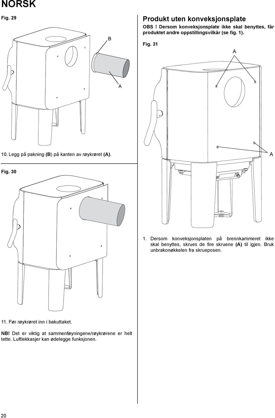 Legg på pakning () på kanten av røykrøret (). Fig. 30 1.