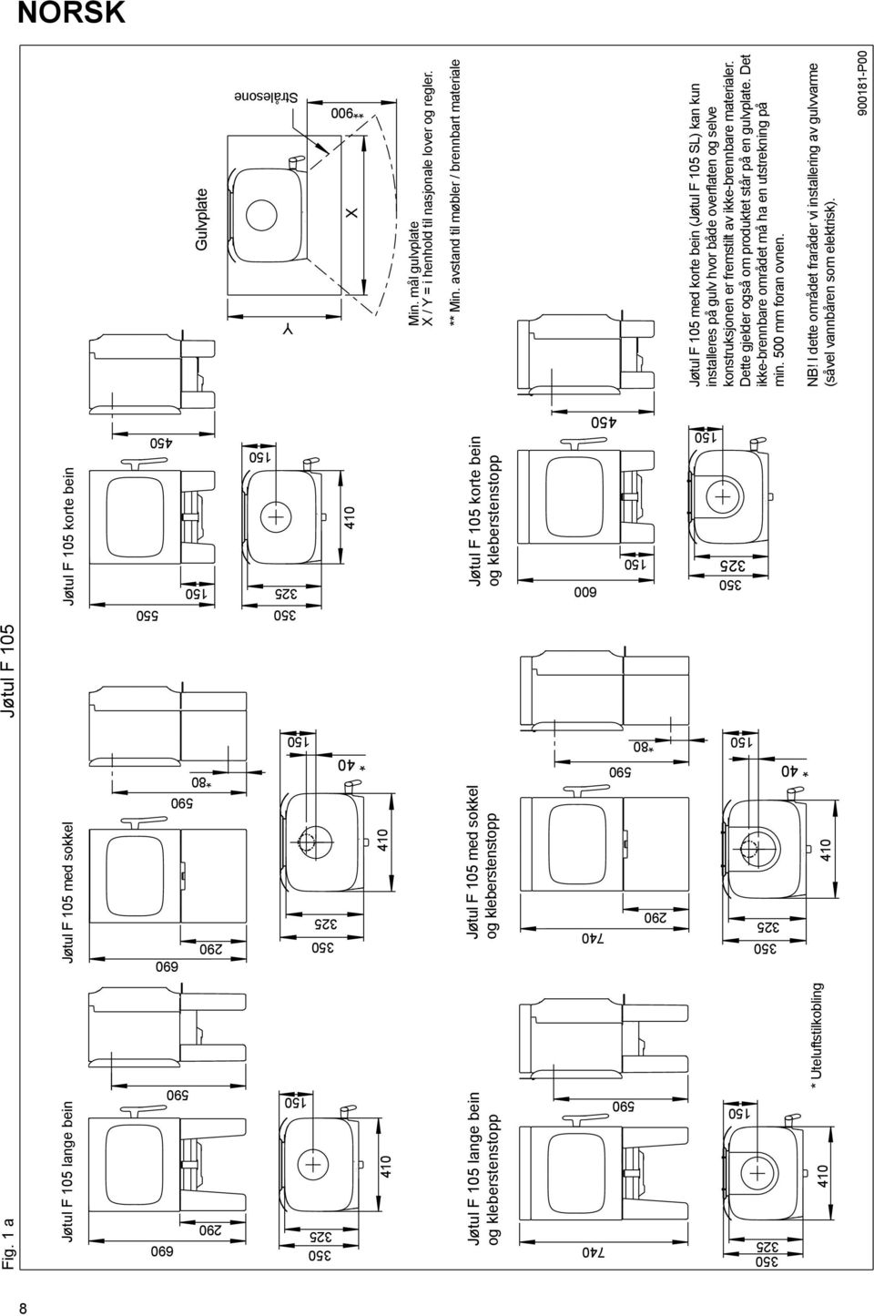 avstand til møbler / brennbart materiale Jøtul F 105 med korte bein (Jøtul F 105 SL) kan kun installeres på gulv hvor både overflaten og selve konstruksjonen er fremstilt av ikke-brennbare materialer.