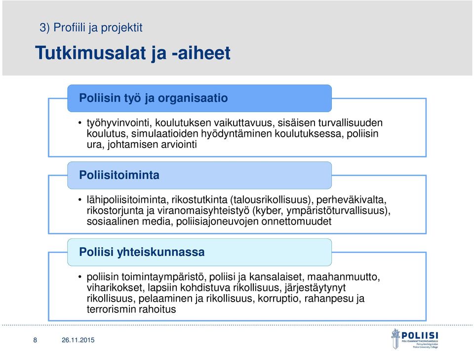 viranomaisyhteistyö (kyber, ympäristöturvallisuus), sosiaalinen media, poliisiajoneuvojen onnettomuudet Poliisi yhteiskunnassa poliisin toimintaympäristö, poliisi ja