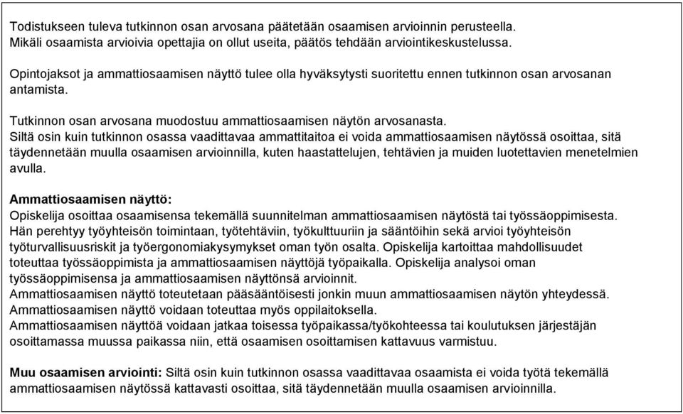 Siltä osin kuin tutkinnon osassa vaadittavaa ammattitaitoa ei voida ammattiosaamisen näytössä osoittaa, sitä täydennetään muulla osaamisen arvioinnilla, kuten haastattelujen, tehtävien ja muiden