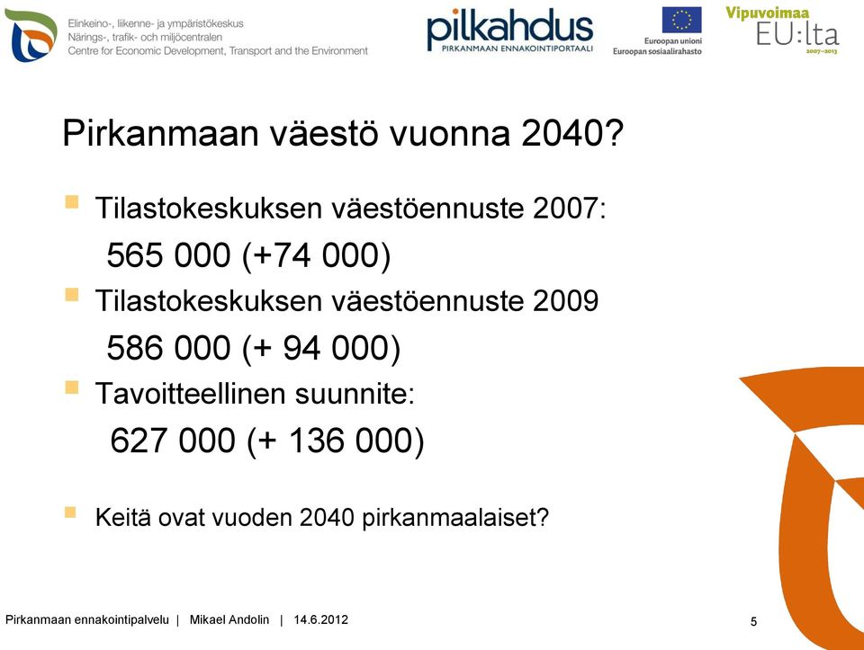 Tilastokeskuksen väestöennuste 2009 586 000 (+ 94 000) Tavoitteellinen