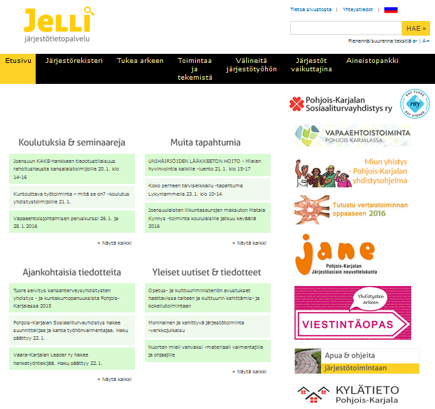 JELLI-JÄRJESTÖTIETOPALVELU kokoaa monipuolisesti tietoa Pohjois- Karjalan yhdistysten toiminnasta.