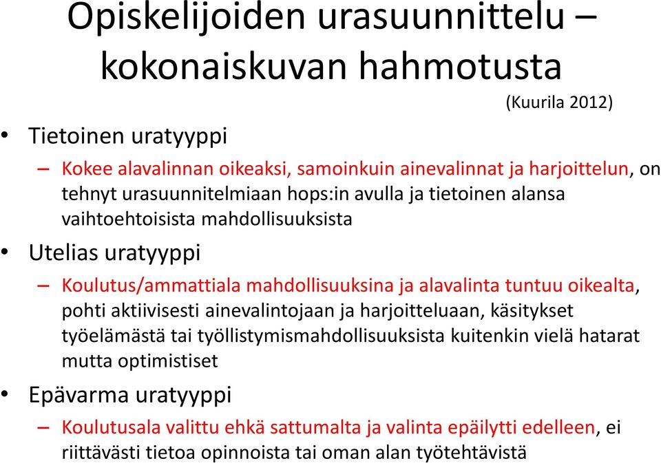 tuntuu oikealta, pohti aktiivisesti ainevalintojaan ja harjoitteluaan, käsitykset työelämästä tai työllistymismahdollisuuksista kuitenkin vielä hatarat mutta