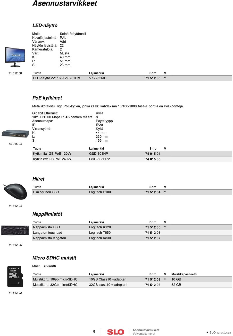 74 015 04 Gigabit Ethernet: Kyllä 10/100/1000 Mbps RJ45-porttien määrä: 8 Asennustapa: Pöytätyyppi IP20 Virransyöttö: Kyllä K: 44 mm L: 330 mm S: 155 mm Kytkin 8x1GB PoE 130W GSD-808HP 74 015 04