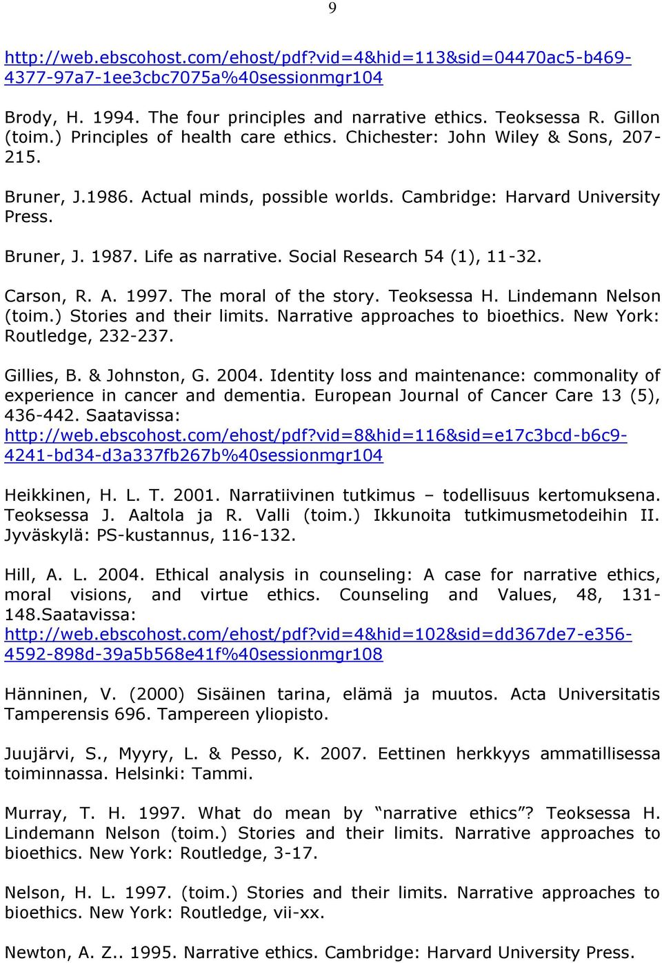 Social Research 54 (1), 11-32. Carson, R. A. 1997. The moral of the story. Teoksessa H. Lindemann Nelson (toim.) Stories and their limits. Narrative approaches to bioethics.