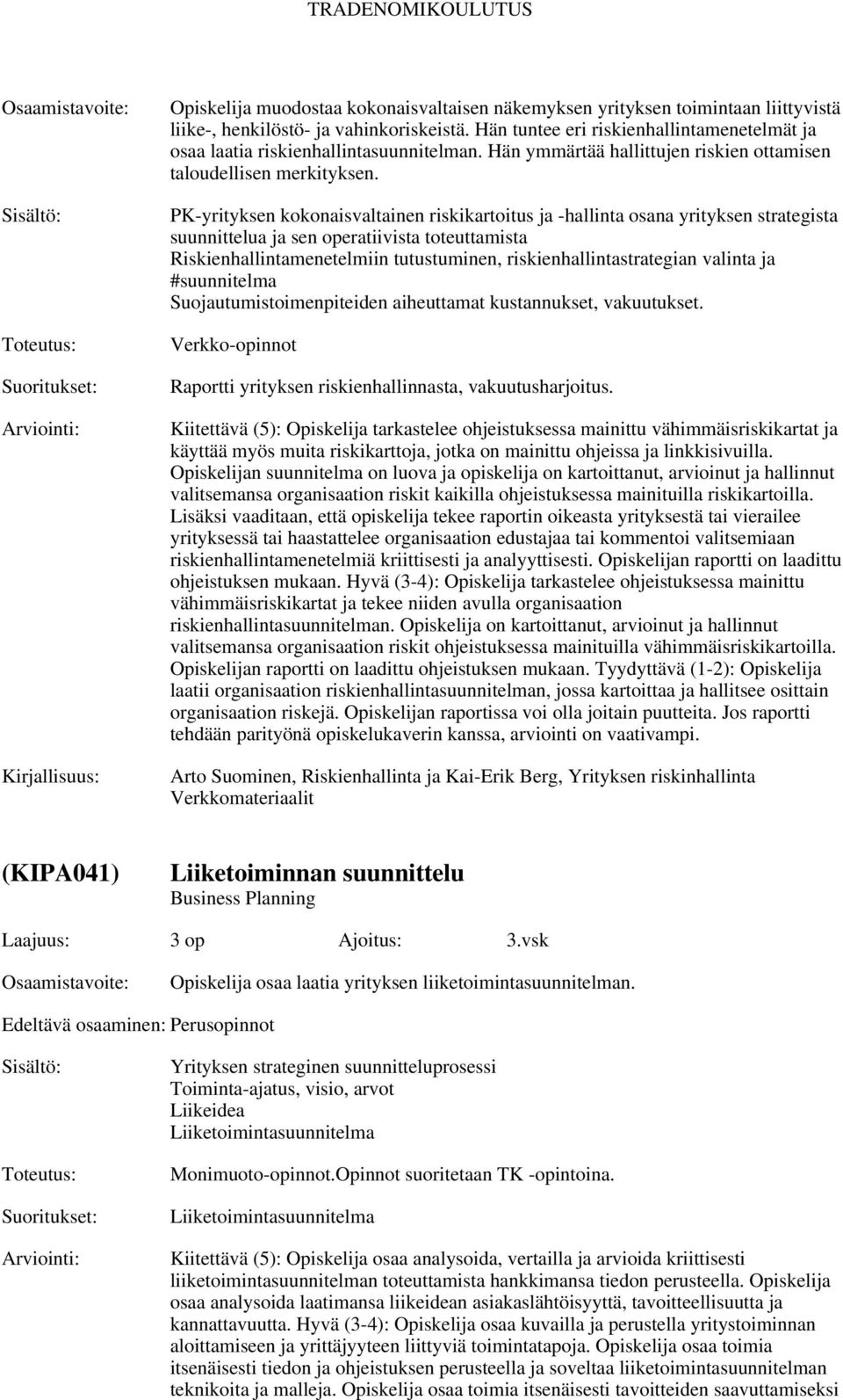 PK-yrityksen kokonaisvaltainen riskikartoitus ja -hallinta osana yrityksen strategista suunnittelua ja sen operatiivista toteuttamista Riskienhallintamenetelmiin tutustuminen,