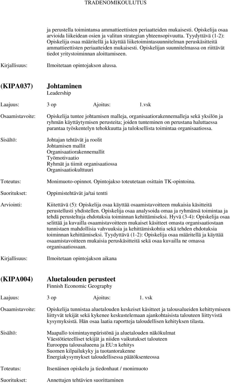 Opiskelijan suunnitelmassa on riittävät tiedot yritystoiminnan aloittamiseen. Ilmoitetaan opintojakson alussa. (KIPA037) Johtaminen Leadership Laajuus: Ajoitus: 1.