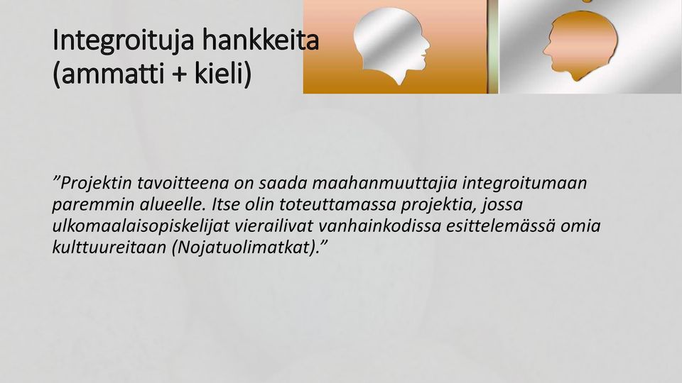 Itse olin toteuttamassa projektia, jossa ulkomaalaisopiskelijat