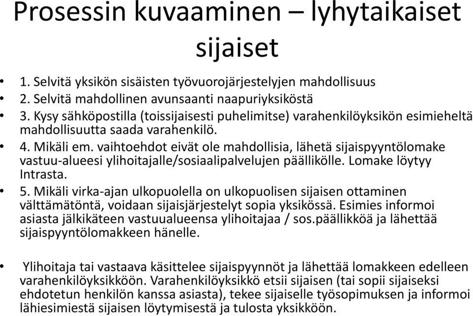 vaihtoehdot eivät ole mahdollisia, lähetä sijaispyyntölomake vastuu-alueesi ylihoitajalle/sosiaalipalvelujen päällikölle. Lomake löytyy Intrasta. 5.