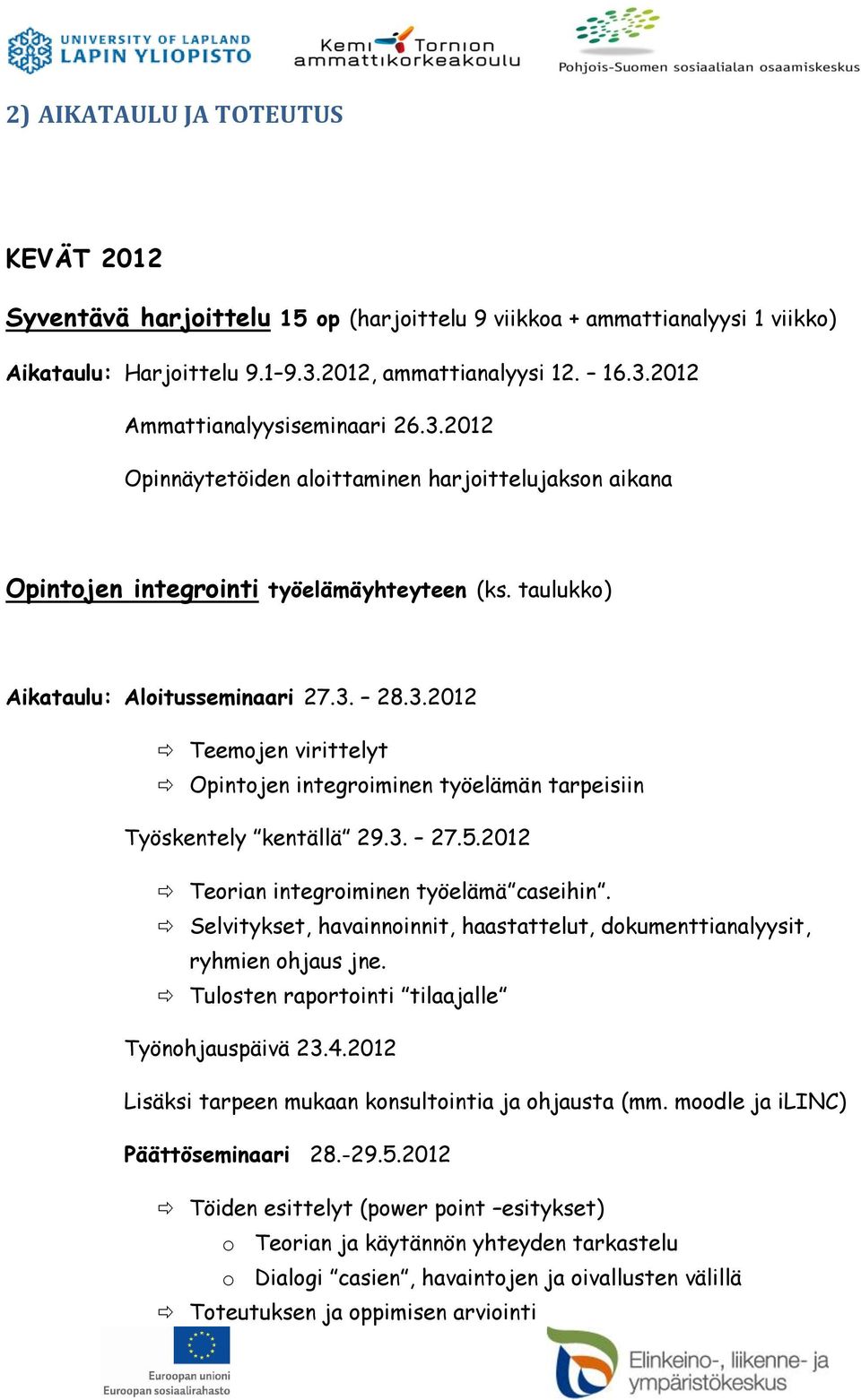 3. 27.5.2012 Teorian integroiminen työelämä caseihin. Selvitykset, havainnoinnit, haastattelut, dokumenttianalyysit, ryhmien ohjaus jne. Tulosten raportointi tilaajalle Työnohjauspäivä 23.4.