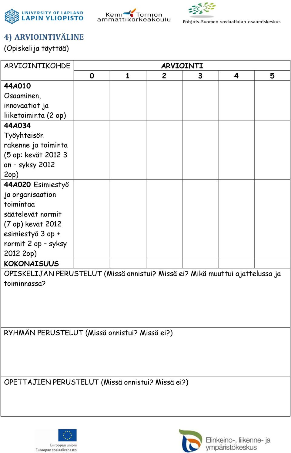 kevät 2012 esimiestyö 3 op + normit 2 op syksy 2012 2op) ARVIOINTI 0 1 2 3 4 5 KOKONAISUUS OPISKELIJAN PERUSTELUT (Missä onnistui?