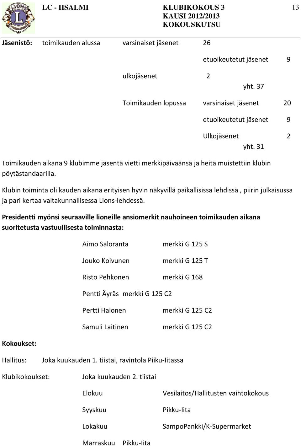 Klubin toiminta oli kauden aikana erityisen hyvin näkyvillä paikallisissa lehdissä, piirin julkaisussa ja pari kertaa valtakunnallisessa Lions-lehdessä.