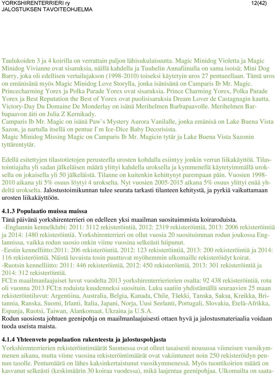 käytetyin uros 27 pentueellaan. Tämä uros on emänisänä myös Magic Minidog Love Storylla, jonka isänisänä on Camparis Ib Mr. Magic. Princecharming Yorex ja Polka Parade Yorex ovat sisaruksia.