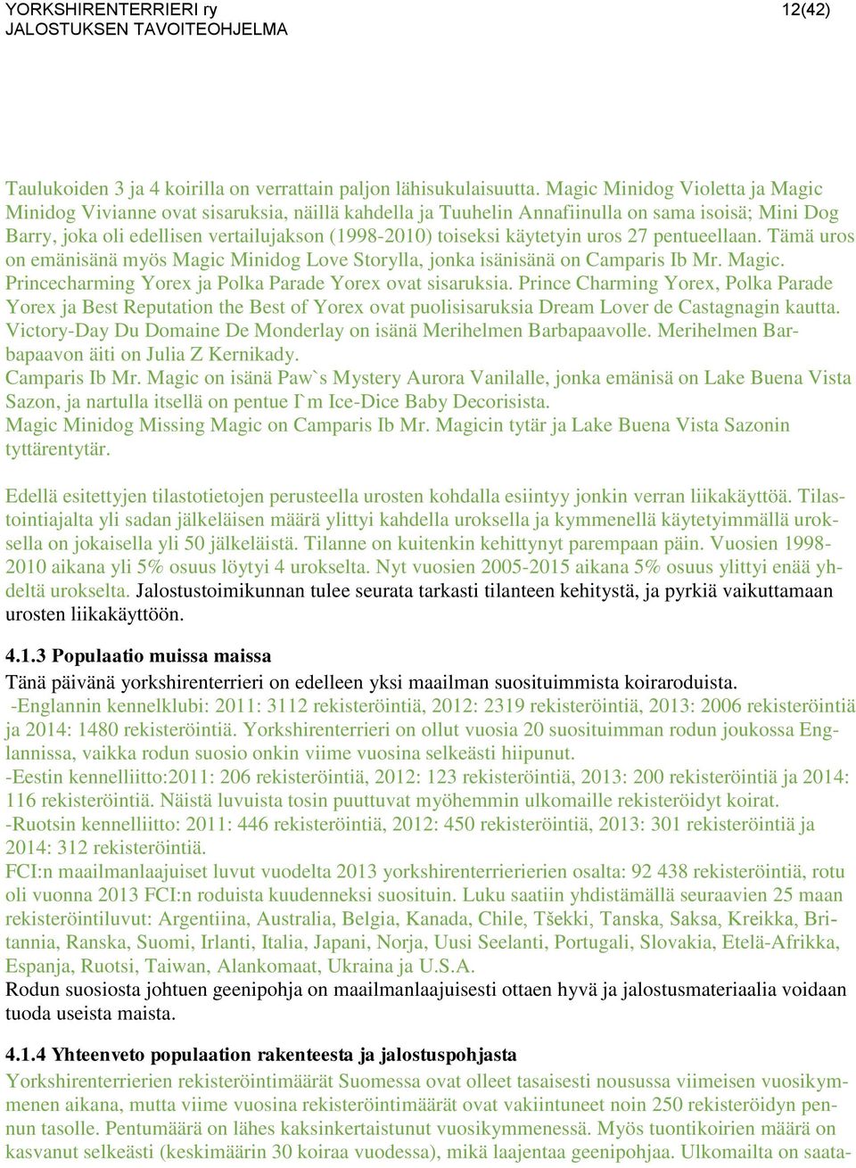 käytetyin uros 27 pentueellaan. Tämä uros on emänisänä myös Magic Minidog Love Storylla, jonka isänisänä on Camparis Ib Mr. Magic. Princecharming Yorex ja Polka Parade Yorex ovat sisaruksia.