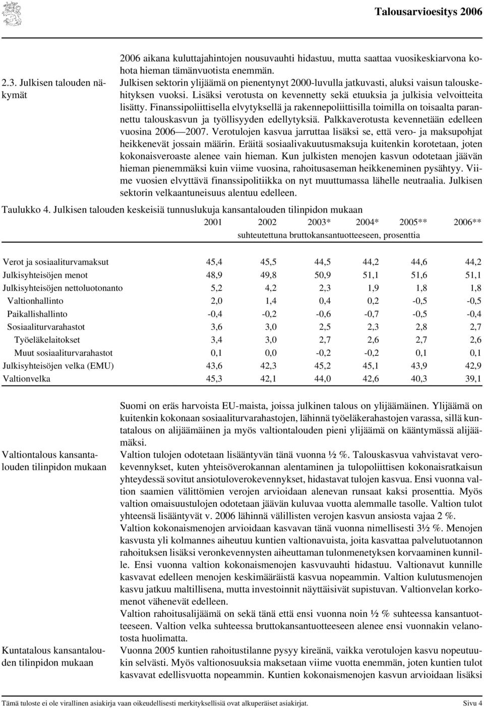 Finanssipoliittisella elvytyksellä ja rakennepoliittisilla toimilla on toisaalta parannettu talouskasvun ja työllisyyden edellytyksiä. Palkkaverotusta kevennetään edelleen vuosina 2006 2007.