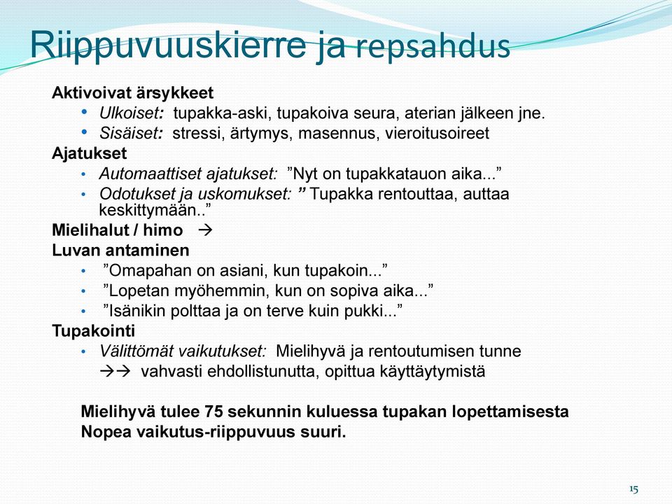 .. Odotukset ja uskomukset: Tupakka rentouttaa, auttaa keskittymään.. Mielihalut / himo Luvan antaminen Omapahan on asiani, kun tupakoin.