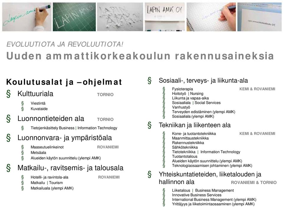 ja ympäristöala Maaseutuelinkeinot ROVANIEMI Metsäala Alueiden käytön suunnittelu (ylempi AMK) Matkailu-, ravitsemis- ja talousala Hotelli- ja ravintola-ala ROVANIEMI Matkailu Tourism Matkailuala