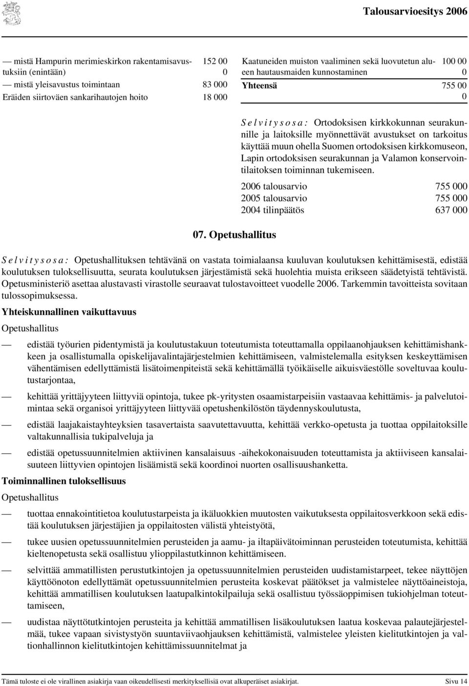 Opetushallitus S e l v i t y s o s a : Ortodoksisen kirkkokunnan seurakunnille ja laitoksille myönnettävät avustukset on tarkoitus käyttää muun ohella Suomen ortodoksisen kirkkomuseon, Lapin