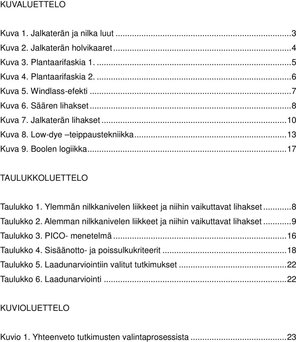 Ylemmän nilkkanivelen liikkeet ja niihin vaikuttavat lihakset... 8 Taulukko 2. Alemman nilkkanivelen liikkeet ja niihin vaikuttavat lihakset... 9 Taulukko 3. PICO- menetelmä.